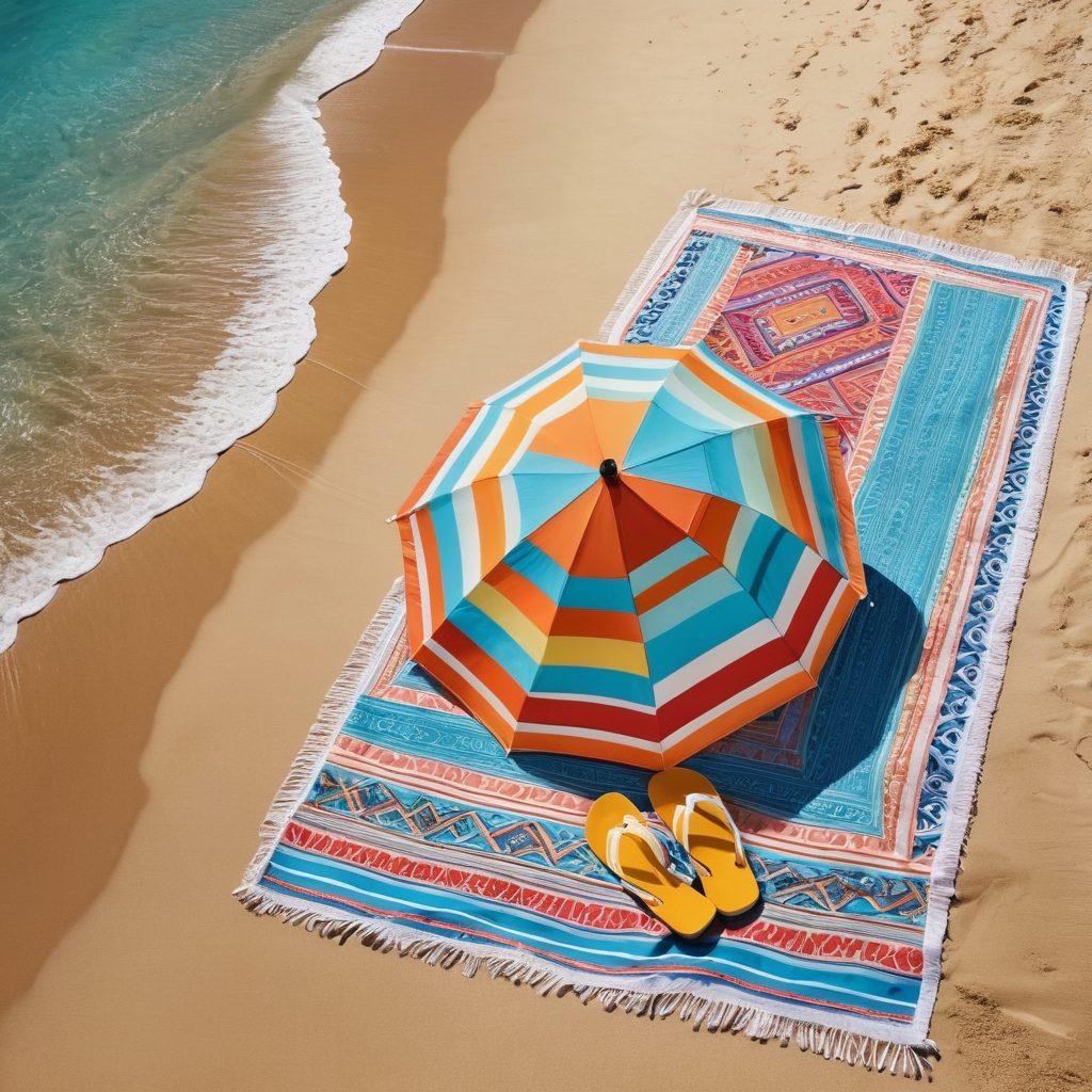 A sunny beach scene featuring a vibrant, stylish beach umbrella with colorful patterns, a trendy beach hat, a fashionable pair of sunglasses resting on a beach towel, and tropical accessories like flip-flops and a stylish tote bag. The background showcases clear blue skies and gentle waves, inviting a perfect summer vibe. super-realistic. vibrant colors. 3D.